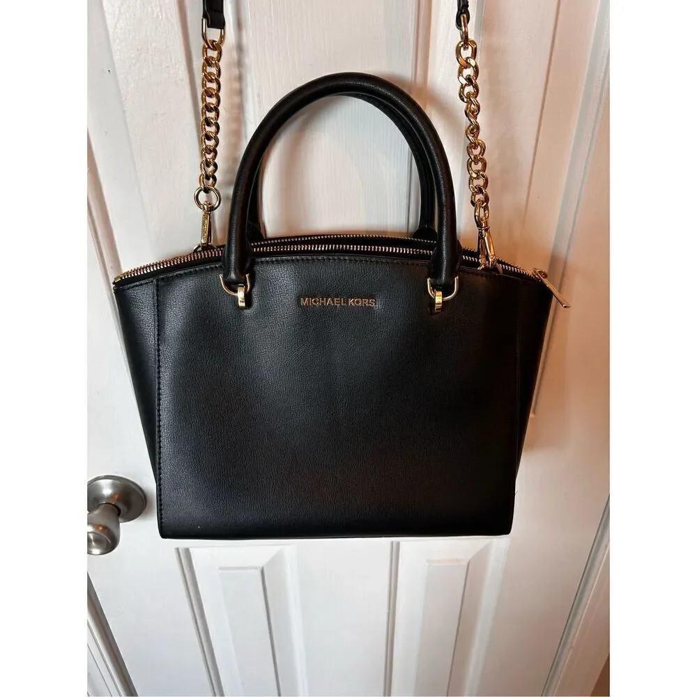 Michael Kors Ellis Satchel Leather Black Crossbody Belt